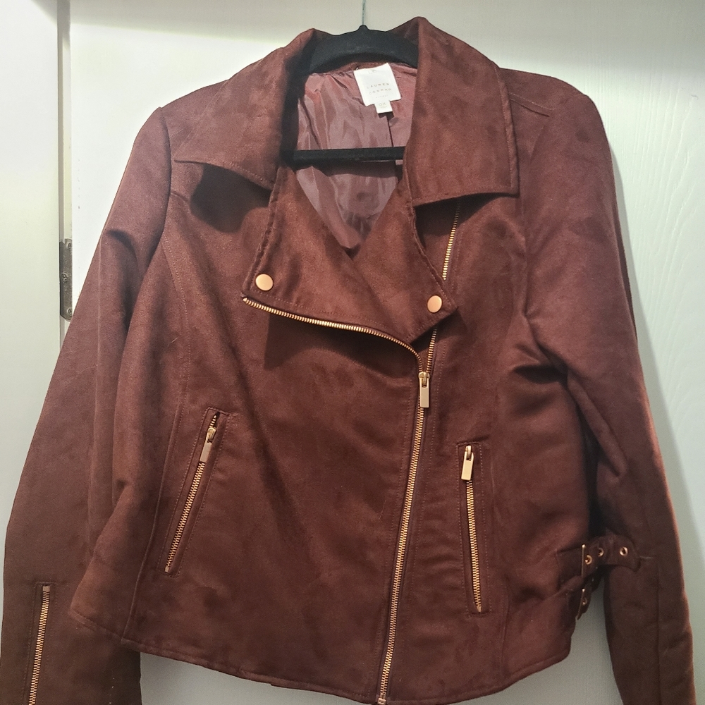Suede Moto Jacket Maroon rose gold hardware LC Conrad